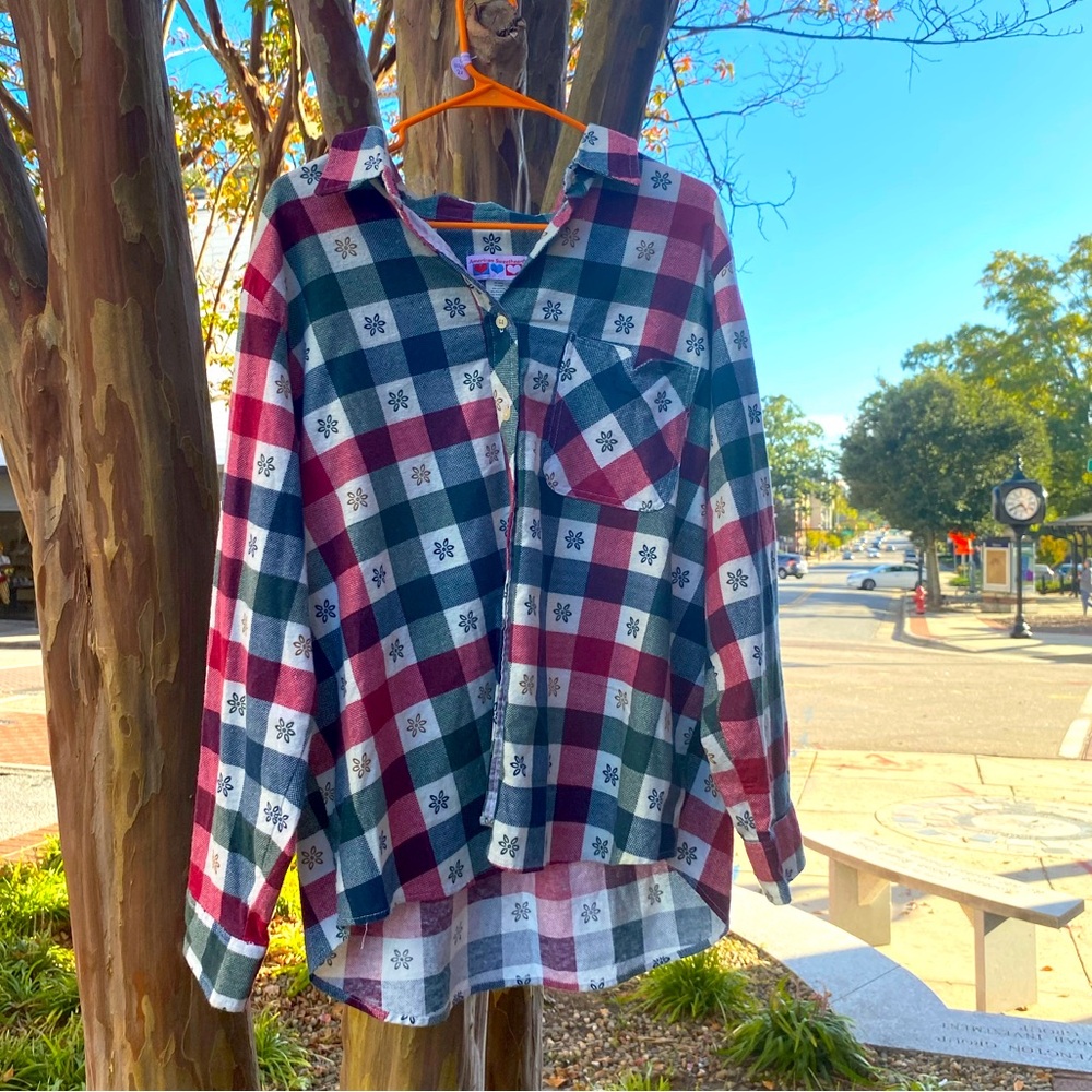 Vintage 1990s Retro American Sweetheart Plaid Colorful Button Up Flannel Plus Sz